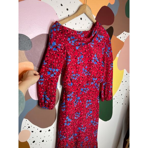 SALONI Lexie Red Floral Asymmetrical Ruffle Pleat Cold Shoulder Silk Dress US 0 - Picture 6 of 10